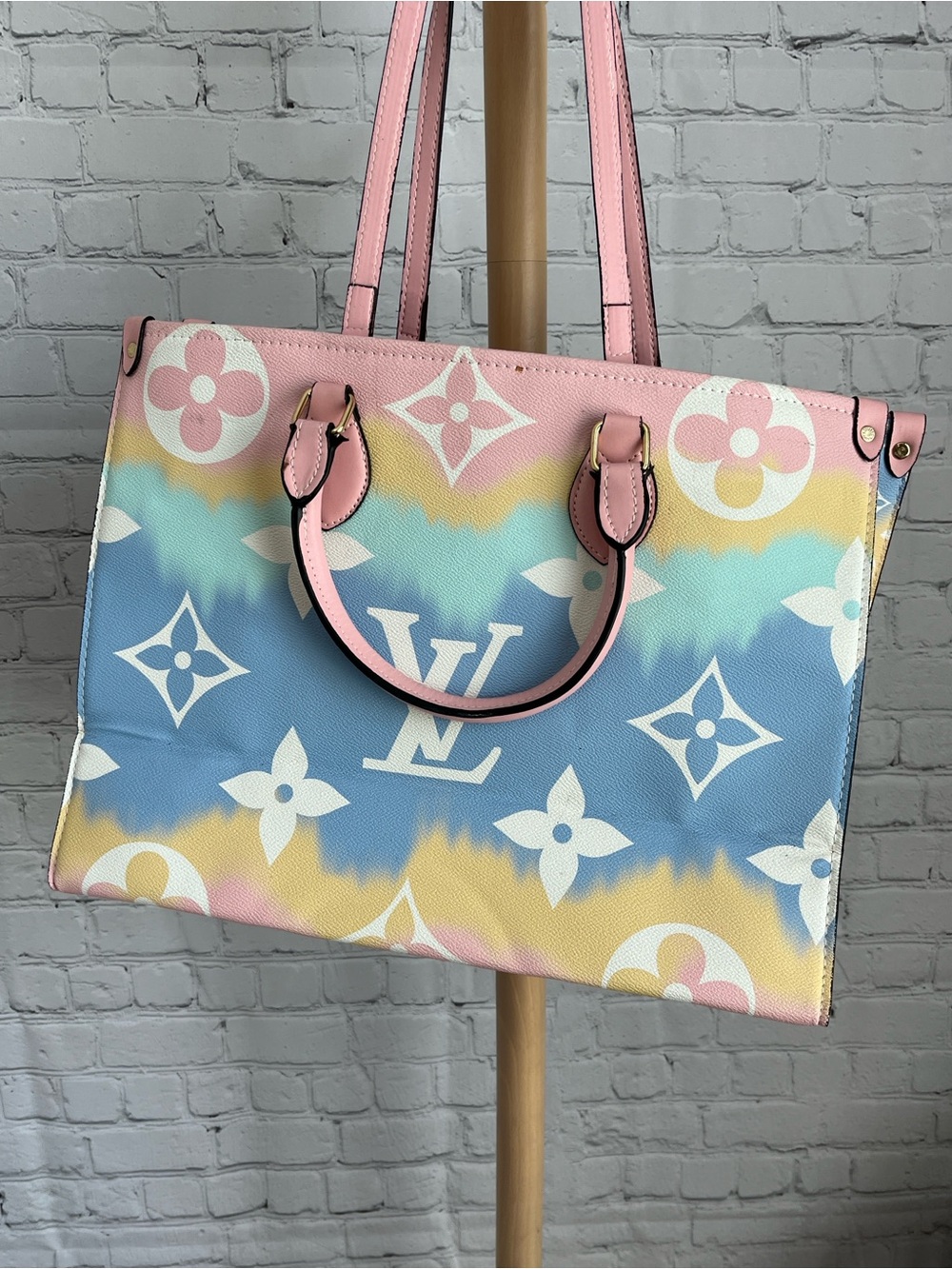 Designer Inspired Pastel Multicolor Tote - Pink, Blue, Yellow - Picture 2 of 11